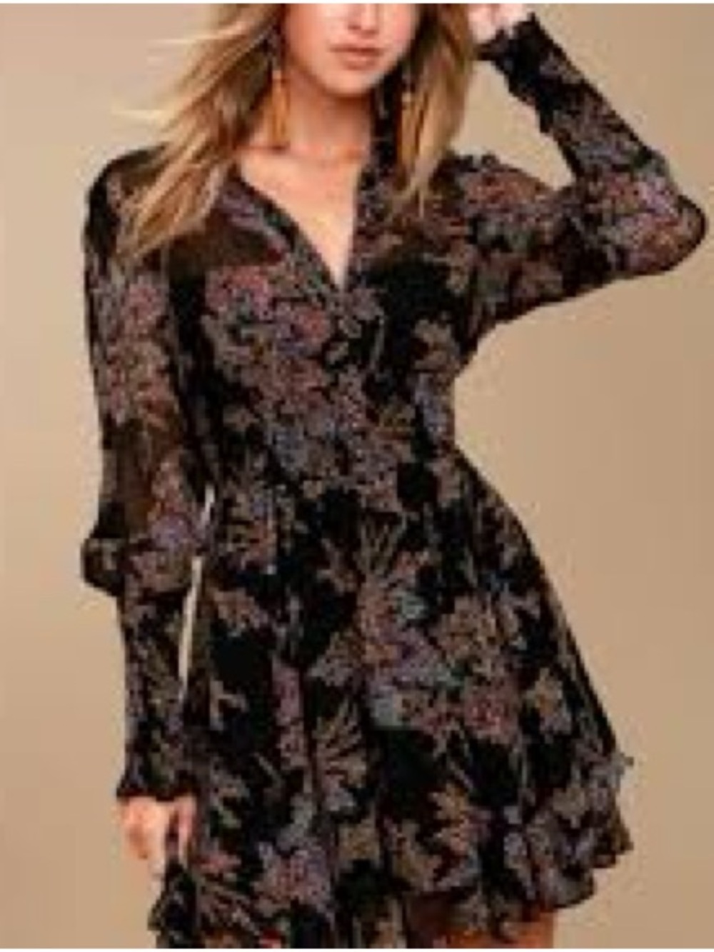 Free People Fake Pretend Floral Mini Dress Black Boho Size L Large